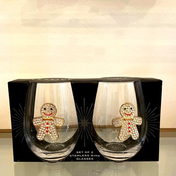 Christmas Jeweled GINGERBREAD Stemless Wine Glass Set of 2 Holiday Barware New - Picture 9 of 11